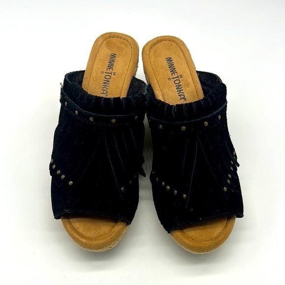 Minnetonka Shoes - Minnetonka - Quinn Black Suede Fringe Gold Studded Peep Toe Wedge Size 7
